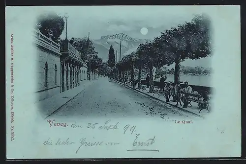 Mondschein-AK Vevey, Le Quai, Allee mit Bäumen und Bänken