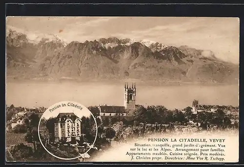 AK Vevey, Pension La Citadelle J. Christen, Teilansicht mit Bergpanorama