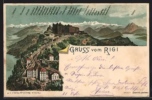 Lithographie Rigi, Rigi-Bahn, Alpengipfel