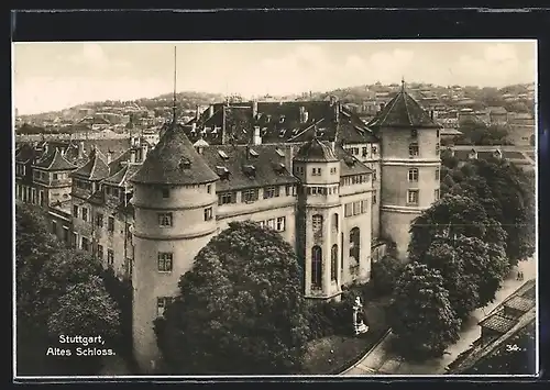 AK Stuttgart, Altes Schloss aus der Vogelschau