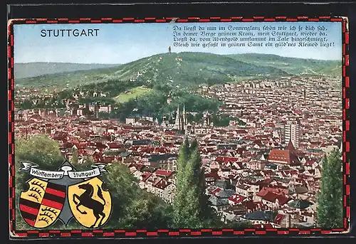 AK Stuttgart, Totalansicht aus der Vogelschau mit Wappen der Stadt und Bundesland