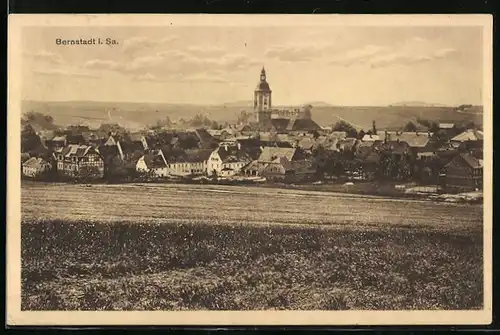 AK Bernstadt i. Sa., Ortsansicht von einer Anhöhe aus