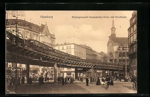 AK Hamburg, Rödingsmarkt-Grasskeller-Ecke mit Hochbahn, U-Bahn