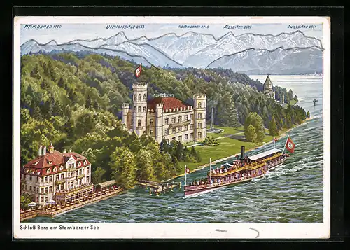 AK Raddampfer auf dem Starnberger See vorbeifahrend am Schloss