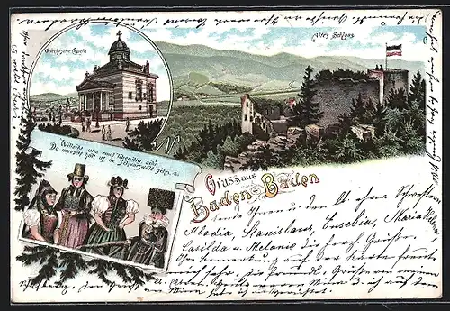 Lithographie Baden-Baden, Griechische Kapelle, Altes Schloss, Frauen in Trachten