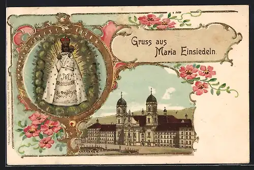 Lithographie Einsiedeln, Klosterkirche und Schwarze Madonna
