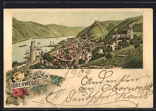 Lithographie Oberwesel, Gesamtansicht und Rheinpartie