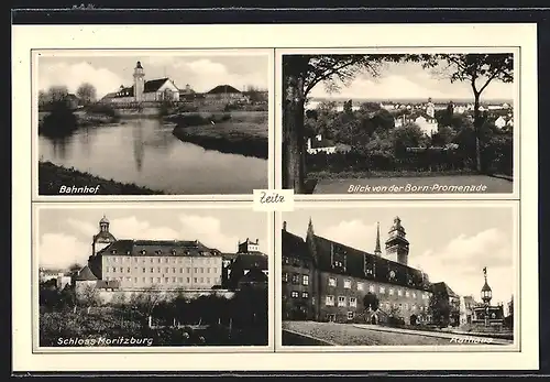 AK Zeitz, Bahnhof, Rathaus, Schloss Moritzburg