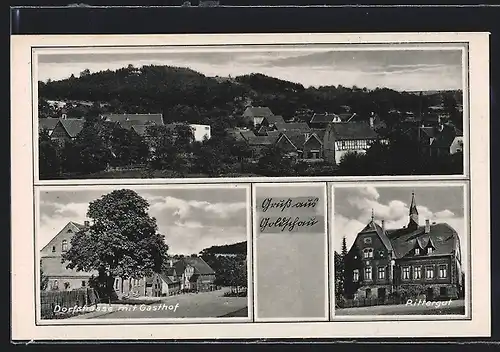 AK Goldschau /Osterfeld, Teilansicht aus der Vogelschau, Dorfstrasse mit Gasthof, Rittergut