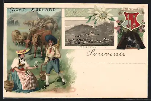 Lithographie Sarnen, Reklame für Cacao Suchard, Ansicht von Sarnen