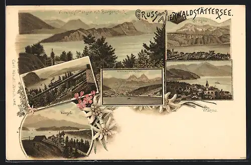 Lithographie Gersau /Vierwaldstättersee, Känzeli, Schnurtobelbrücke, Vitznau