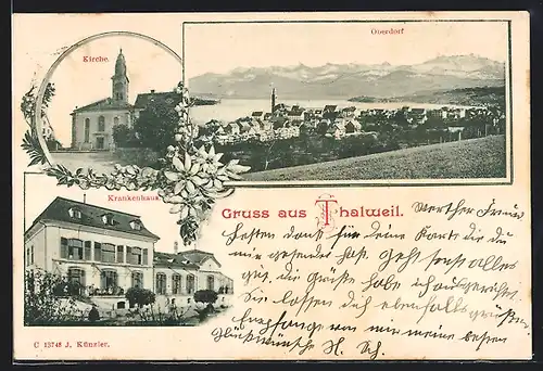 AK Thalweil, Ansicht vom Oberdorf, Kirche und Krankenhaus
