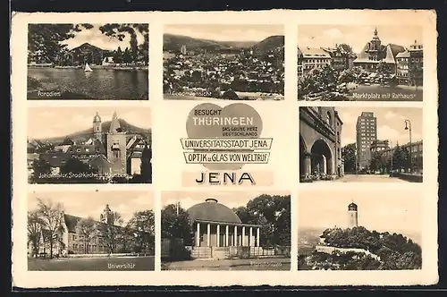 AK Jena, Marktplatz mit Rathaus, Fuchsturm, Zeiss-Werke, Univeristät