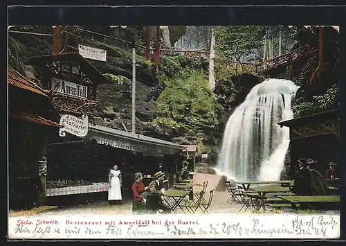 AK Bastei / Sächs. Schweiz, Restaurant mit Amselfall mit AK-Verkauf