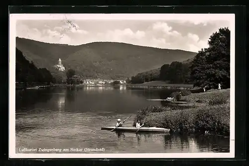 AK Zwingenberg, Neckar am Strandbad, Blick auf Ort und Schloss