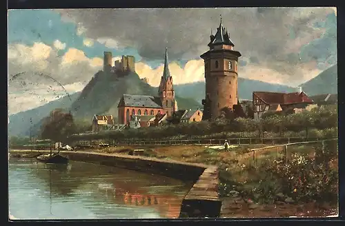 Künstler-AK Oberwesel, Ortsansicht mit Schönburg