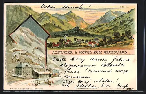 Lithographie Altweier, Hotel zum Brezouard im Winter, Gesamtansicht im Sommer