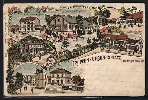 Lithographie Hagenau i. Els., Hotel Restaurant Hirsch, Hauptwache und Post