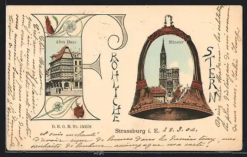 Passepartout-AK Strassburg, Altes Haus und Münster, Glocke, Ostergruss