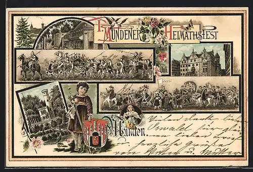 Lithographie Hann Münden, 1. Mündener Heimatfest, Szenen vom Umzug