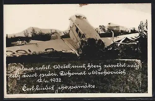 AK Otrokovice, Abgestürztes Flugzeug um 1932