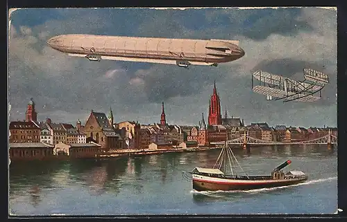 AK Zeppelin und Flugzeug über einer Stadt, Boot