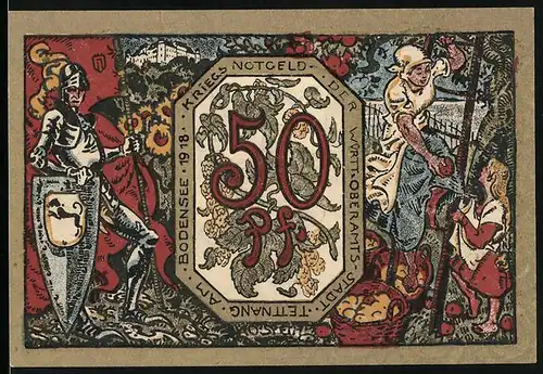 Notgeld Tettnang am Bodensee 1918, 50 Pfennig, Ritter und Bauernfrau beim Äpfelpflücken
