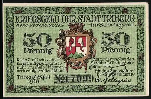 Notgeld Triberg im Schwarzwald 1918, 50 Pfennig, Wappen, Uhrenmacher mit Stock