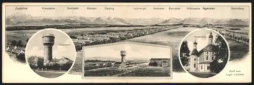 Klapp-Künstler-AK Eugen Felle: Lager Lechfeld, Wasserturm, Klosterkirche, Panoramablick mit Hochwand u. Bernspitze