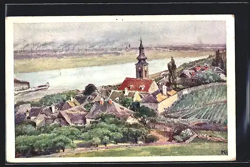 Künstler-AK Wien, Kahlenbergerdorf mit Donau