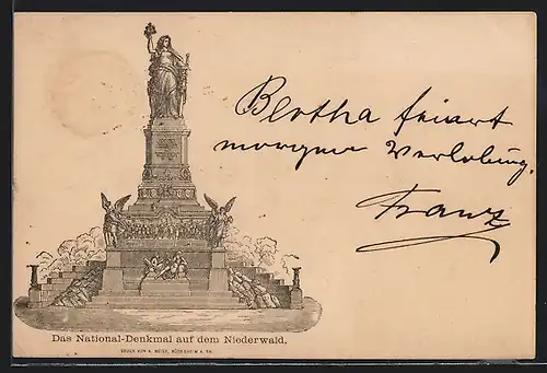 Vorläufer-Lithographie Ganzsache PP6F104 /06: National-Denkmal auf dem Niederwald, 1883