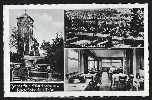 AK Rudolstadt i. Thür., Gasthaus Marienturm, Innenansicht, Blick nach dem Ort