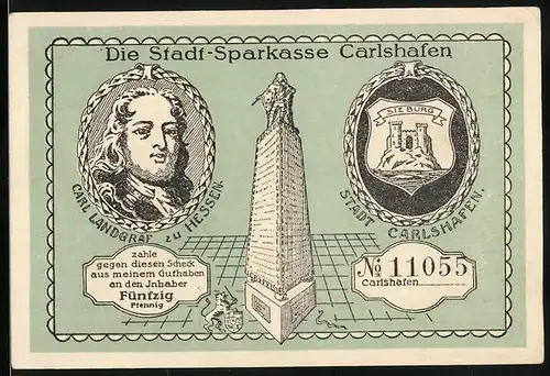 Notgeld Carlshafen, 50 Pfennig, Carl Landgraf zu Hessen, Stadtwappen, Weser und Hessische Klippen