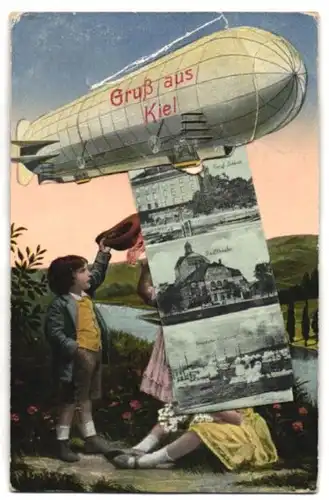 Leporello-AK Kiel, Ansichten hinter dem Zeppelin, Königl. Schloss, Stadttheater, Prinz-Heinrich-Brücke