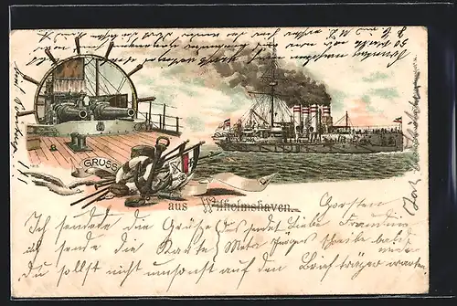 Lithographie Kriegsschiff der kaiserlichen Marine fibt Volldampf