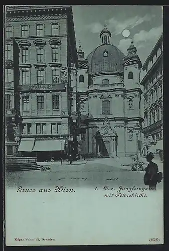 Mondschein-AK Wien, Jungferngasse mit Peterskirche