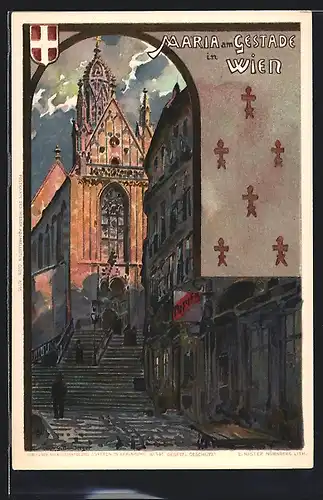 Lithographie Wien, Maria am Gestade mit Treppe