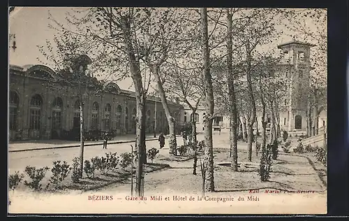AK Béziers, Gare du Midi et Hôtel de la Compagnie du Midi, Bahnhof
