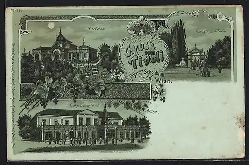 Mondschein-Lithographie Wien-Schönbrunn, Cafe-Salon Tivoli, Eingang, Pavillon