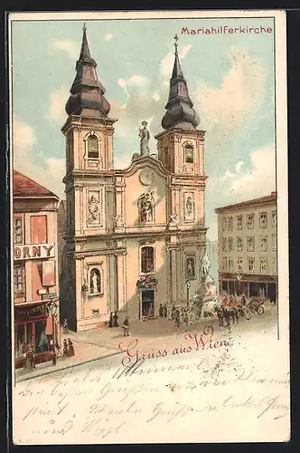 Lithographie Wien, Partie mit Mariahilfkirche