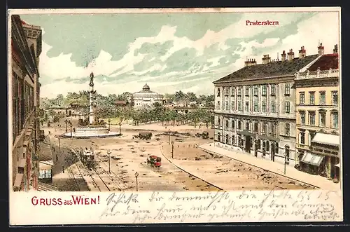 Lithographie Wien, Praterstern und Tegetthoff-Denkmal