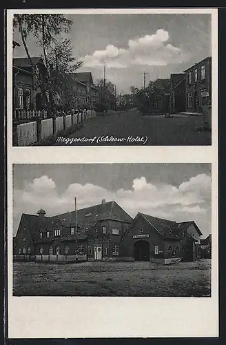 AK Meggerdorf /Schlesw.-Holst., Thöming`s Gasthof, Strassenpartie