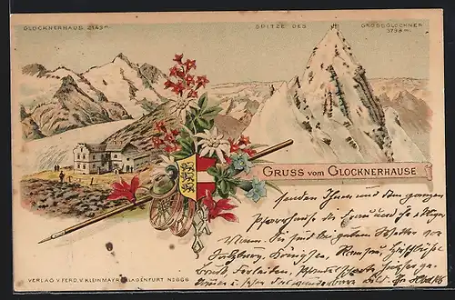 Vorläufer-Lithographie Glocknerhause, 1895, Ansicht der Hütte mit Grossglockner, Wappen