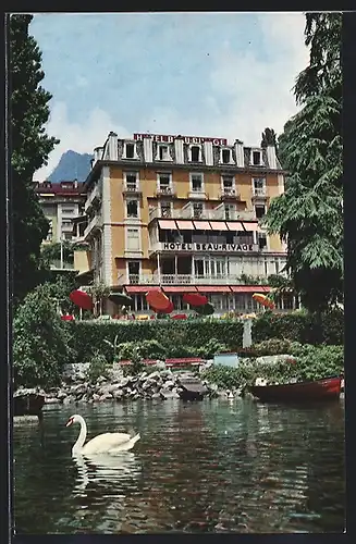 AK Montreux, Hotel Beau-Rivage mit Schwan