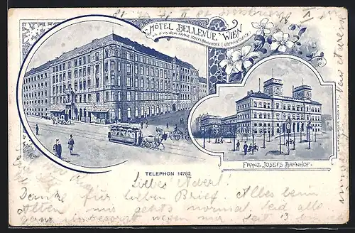 Lithographie Wien, Hotel Bellevue, Franz Josefs Bahnhof