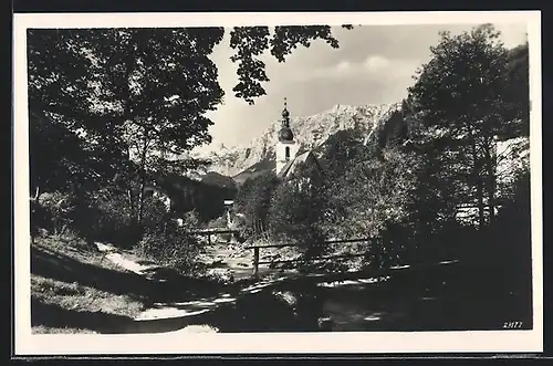 AK Ramsau, Kirche am Fluss mit Reiteralpe