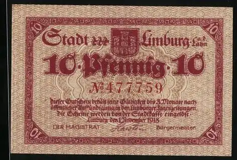 Notgeld Limburg a. d. Lahn 1918, 10 Pfennig, Ritter auf Pferd erlegt Drachen