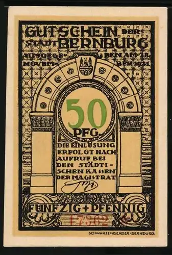 Notgeld Bernburg 1921, 50 Pfennig, Torbogen, Weg zu einem pompösen Gebäude