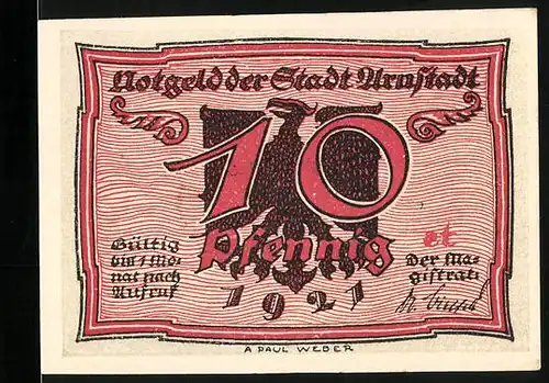 Notgeld Arnstadt 1921, 10 Pfennig, Wucherer u. Schieber