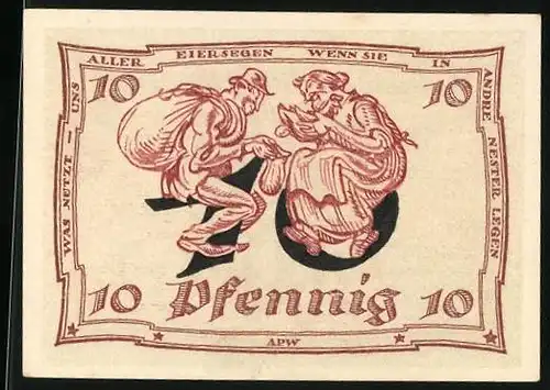 Notgeld Arnstadt 1921, 10 Pfennig, Huhn legt Eier in Beutel